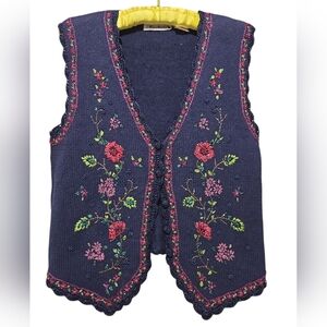 Vintage Floral Embroidered Knit Vest by Allysa Brooke Beaded Floral Crochet